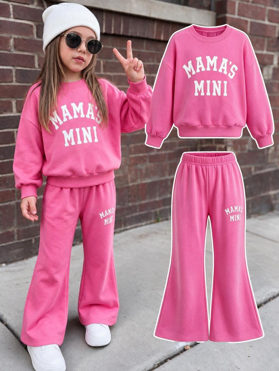 Young Girl Autumn/Winter Cute Casual Minimalist Heart Print Loose Sweatshirt + Long Pants, Casual Fashion Street Round Neck Oversize Loose Drop Shoulder New York Print Sweatshirt And Casual Flared Long Pants Set, Knit Sweatpants Set, Sweet Pink - Multicolor - View 1