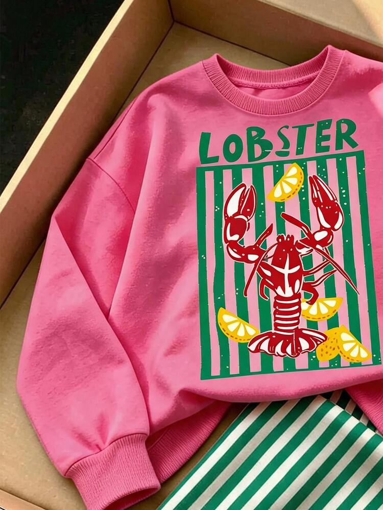 Young Girl Casual Dusty Pink Crayfish Print Soft Thick Long Sleeve Crew Neck Pullover Sweatshirt And Wide Leg Pants Set, Suitable For Autumn/Winter, Street Retro Style, Comfortable And Relaxed, Children's Autumn Layering, Y2K, Sportswear, Outdoor, Street Style, Chill - Multicolor - View 5