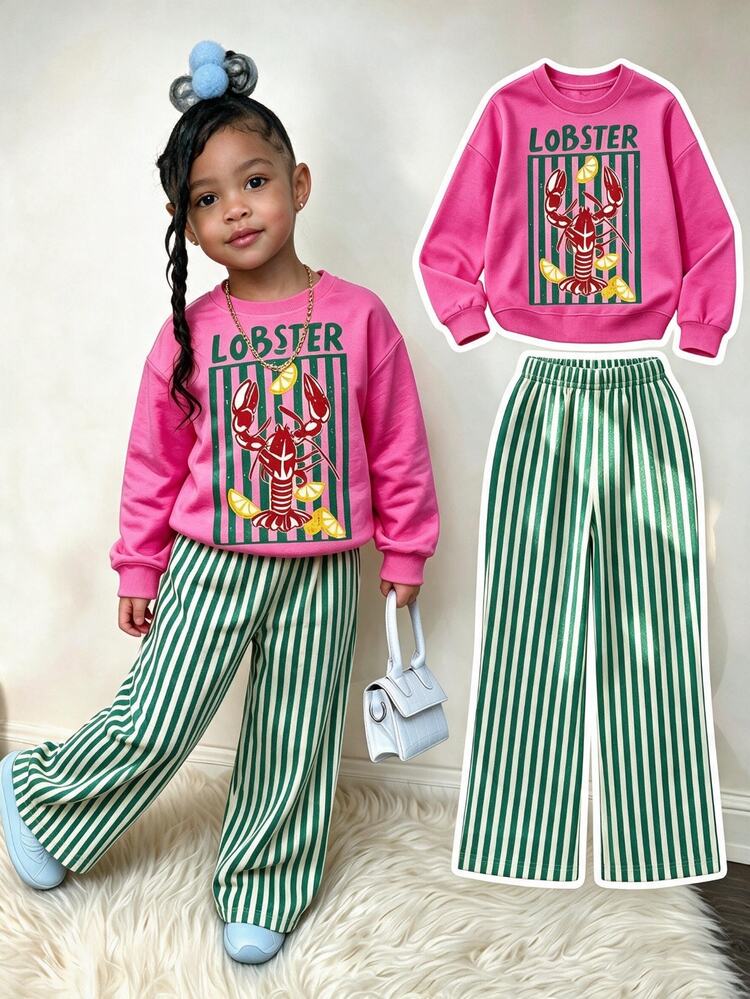 Young Girl Casual Dusty Pink Crayfish Print Soft Thick Long Sleeve Crew Neck Pullover Sweatshirt And Wide Leg Pants Set, Suitable For Autumn/Winter, Street Retro Style, Comfortable And Relaxed, Children's Autumn Layering, Y2K, Sportswear, Outdoor, Street Style, Chill - Multicolor - View 3