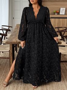 Weeklong Plus Size Women Jacquard Sheer Lace Patchwork Casual Long Dress, Suitable For Everyday Wear In Autumn/Winter Fall/Winter - Black - View 3