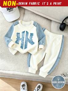 SHEIN 2pcs Baby Boys Casual 3D Letter Print Crew Neck Fleece Sweatshirt And Matching Fleece Sweatpants Set, Suitable For Autumn/Winter - Multicolor - View 3