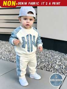 SHEIN 2pcs Baby Boys Casual 3D Letter Print Crew Neck Fleece Sweatshirt And Matching Fleece Sweatpants Set, Suitable For Autumn/Winter - Multicolor - View 1