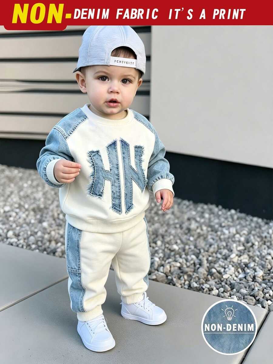 SHEIN 2pcs Baby Boys Casual 3D Letter Print Crew Neck Fleece Sweatshirt And Matching Fleece Sweatpants Set, Suitable For Autumn/Winter - Multicolor - View 1