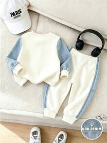 SHEIN 2pcs Baby Boys Casual 3D Letter Print Crew Neck Fleece Sweatshirt And Matching Fleece Sweatpants Set, Suitable For Autumn/Winter - Multicolor - View 2
