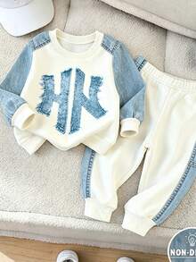 SHEIN 2pcs Baby Boys Casual 3D Letter Print Crew Neck Fleece Sweatshirt And Matching Fleece Sweatpants Set, Suitable For Autumn/Winter - Multicolor - View 4