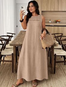 Weeklong Plus Size Women's Lace Trim A-Line Casual Loose Linen-Like Dress, Suitable For Spring/Summer, Home & Holiday Wear Elegant - Khaki - View 1