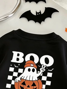 Young Boy Letter Pumpkin Print Long Sleeve Casual Sweatshirt Autumn Winter - Black - View 4