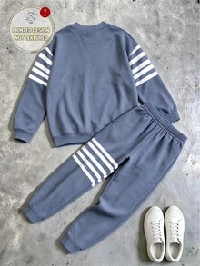 Tween Boy Animal Pattern Colorblock Sweatshirt And Pants Casual Modest Daily Outfit Set School Active Blue White Stripe - Multicolor - View 7