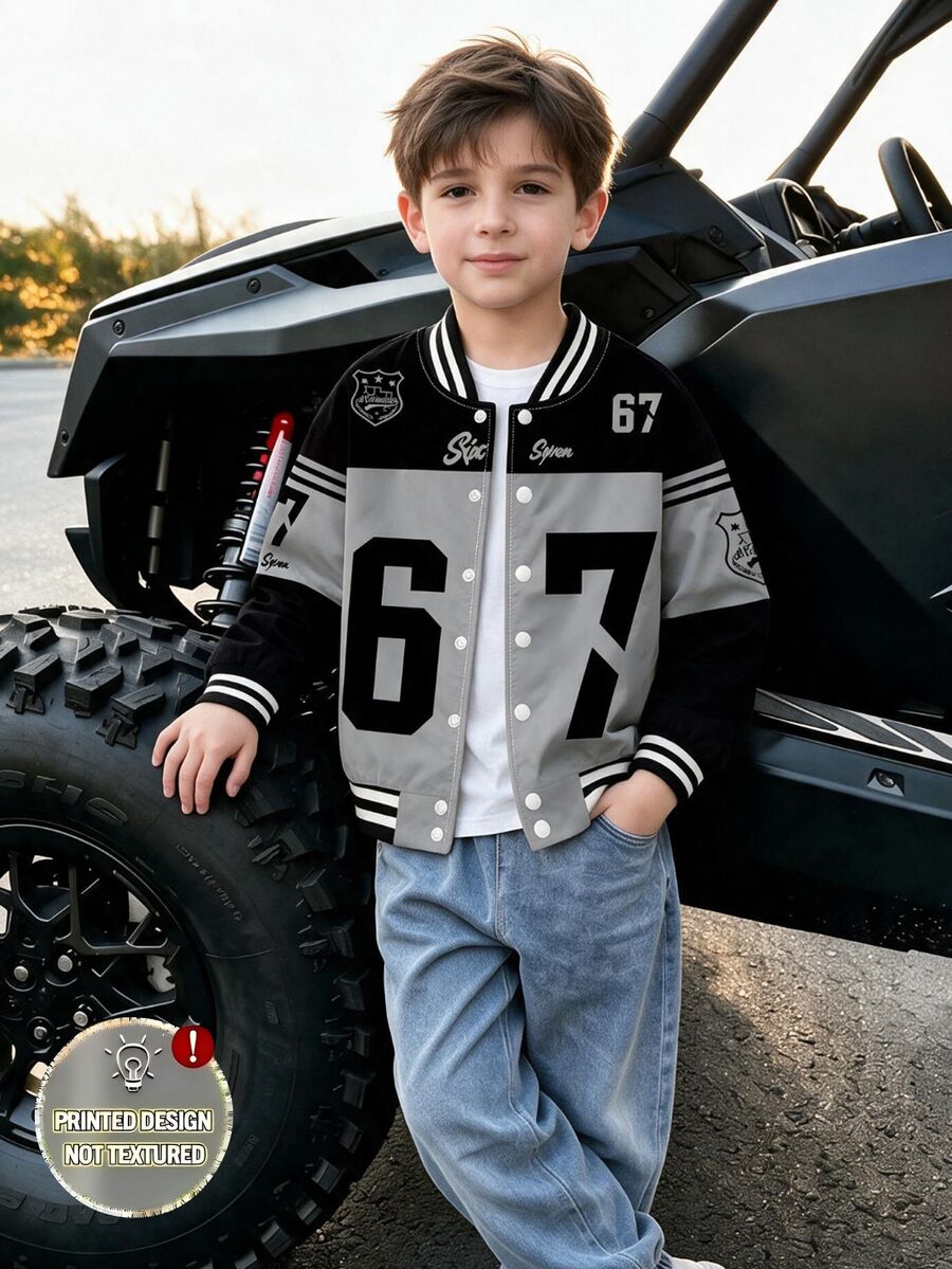 Tween Boys Baseball Jacket Street Sporty Preppy Baggy Black Grey Number Badge Print Button Up Long Sleeve Loose Autumn Back To School Graduation - Multicolor - View 1