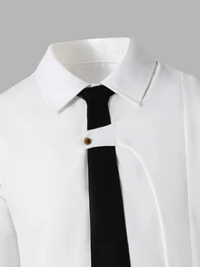 Teen Boys Deconstructed Design Long Sleeve Shirt With Collar, Cute Top For School Wear Sixth Form Formal, Teachers' Day Party White Black Summer - White - View 7