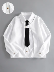 Teen Boys Deconstructed Design Long Sleeve Shirt With Collar, Cute Top For School Wear Sixth Form Formal, Teachers' Day Party White Black Summer - White - View 3