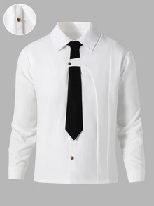 Teen Boys Deconstructed Design Long Sleeve Shirt With Collar, Cute Top For School Wear Sixth Form Formal, Teachers' Day Party White Black Summer - White - View 6