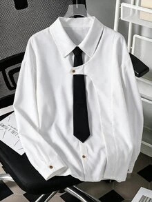 Teen Boys Deconstructed Design Long Sleeve Shirt With Collar, Cute Top For School Wear Sixth Form Formal, Teachers' Day Party White Black Summer - White - View 1