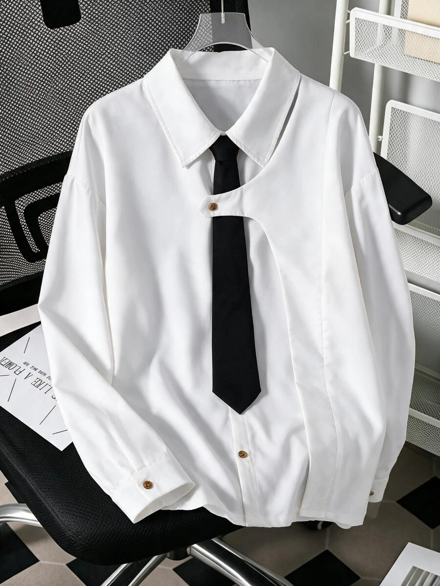Teen Boys Deconstructed Design Long Sleeve Shirt With Collar, Cute Top For School Wear Sixth Form Formal, Teachers' Day Party White Black Summer - White - View 1