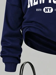 (1套) 秋冬女款時尚極簡字母 New York 趣味字母印花白色不對稱肩衛衣與直筒長褲套裝 - 藏蓝色 - 查看 5