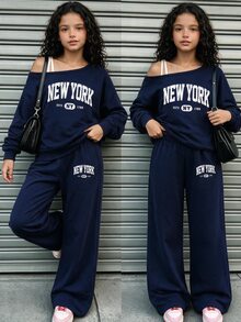 (1套) 秋冬女款時尚極簡字母 New York 趣味字母印花白色不對稱肩衛衣與直筒長褲套裝 - 藏蓝色 - 查看 1