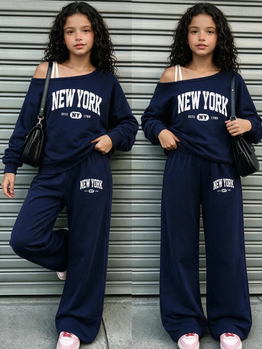 (1套) 秋冬女款時尚極簡字母 New York 趣味字母印花白色不對稱肩衛衣與直筒長褲套裝 - 藏蓝色 - 查看 1