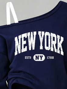(1套) 秋冬女款時尚極簡字母 New York 趣味字母印花白色不對稱肩衛衣與直筒長褲套裝 - 藏蓝色 - 查看 6