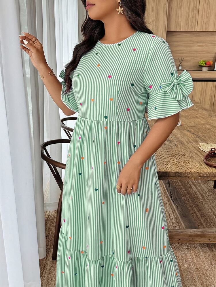 Weeklong Women's Plus Size Spring/Summer Round Neck Tiered Cake Layered 3D Bow Decor Dress - Multicolor - View 3