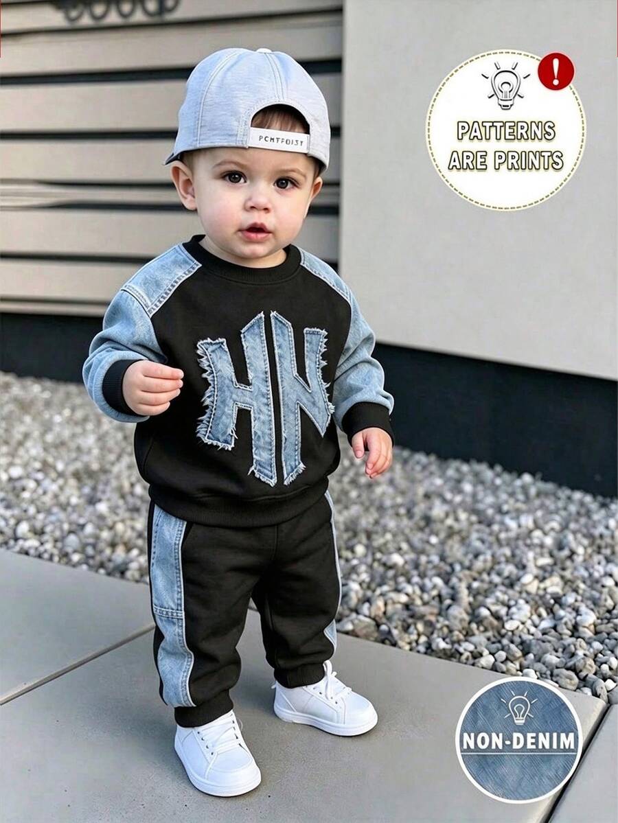 SHEIN 2pcs Baby Boys Casual 3D Letter Print Crew Neck Fleece Sweatshirt And Matching Fleece Sweatpants Set, Suitable For Autumn/Winter - Multicolor - View 1