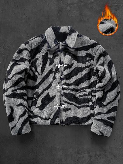 Manfinity CasualCool Men's Grey Zebra Stripe Lapel Metal Airplane Buckle Loose Casual Jacket Old Money Christmas Streetwear