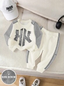 SHEIN 2pcs Baby Boys Casual Printed Letter Pattern Fleece Crew Neck Long Sleeve Sweatshirt And Matching Fleece Sweatpants Set, Suitable For Autumn/Winter - Multicolor - View 3