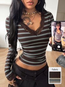 Coolane 女款秋季四季通用外出簡約約會性感Y2K時尚羅紋針織棕藍拼色條紋彈性對比蕾絲V領T恤 - 摩卡棕 - 查看 1
