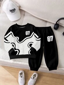SHEIN 2pcs Baby Boys Casual 67 Number Print Color Block Pattern Crew Neck Fleece Long Sleeve Sweatshirt And Matching Fleece Sweatpants Set, Suitable For Autumn/Winter - Multicolor - View 3