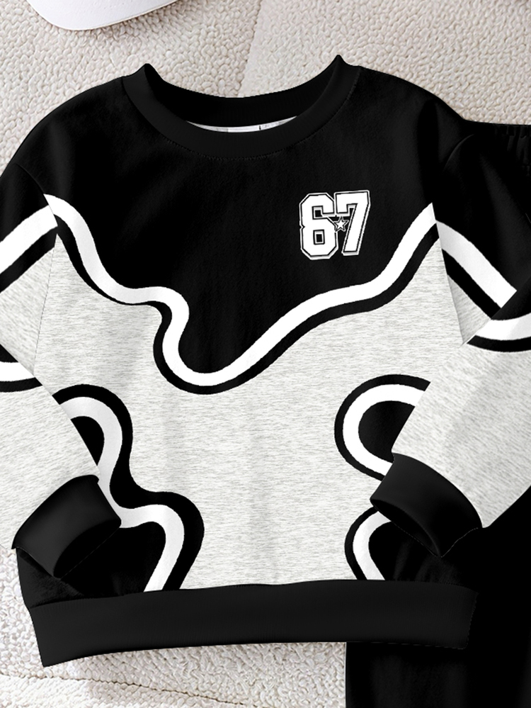 SHEIN 2pcs Baby Boys Casual 67 Number Print Color Block Pattern Crew Neck Fleece Long Sleeve Sweatshirt And Matching Fleece Sweatpants Set, Suitable For Autumn/Winter - Multicolor - View 4