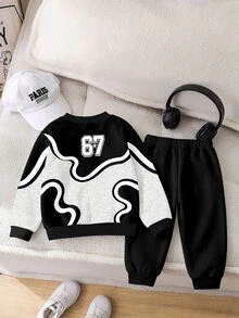 SHEIN 2pcs Baby Boys Casual 67 Number Print Color Block Pattern Crew Neck Fleece Long Sleeve Sweatshirt And Matching Fleece Sweatpants Set, Suitable For Autumn/Winter - Multicolor - View 2