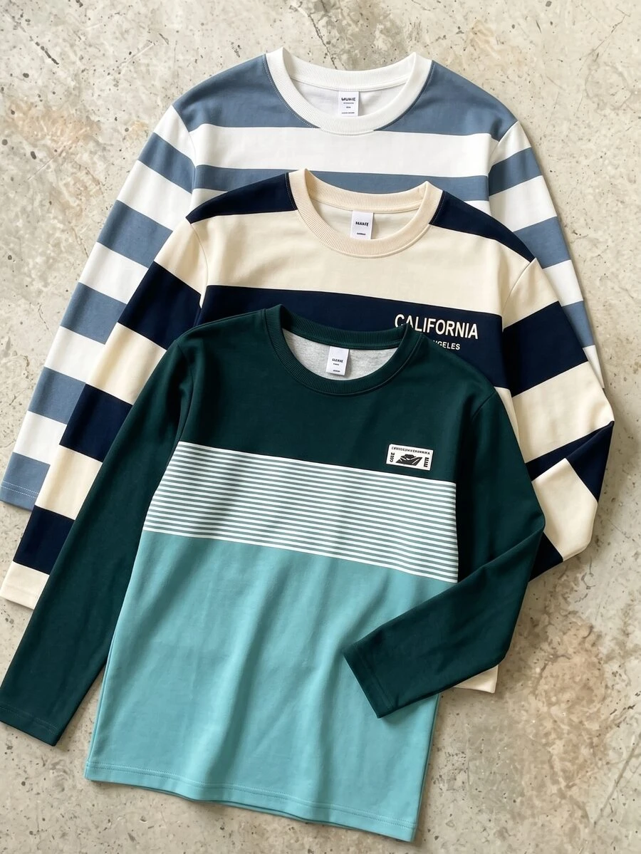Tween Boys T-Shirt Streetwear Casual Color Block Striped Print Long Sleeve Pocket Round Neck School Fall Autumn Back To School Fall Tops - Multicolor - View 1
