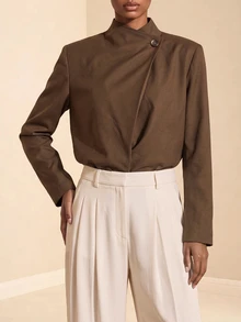 Vesra Women's Loose Fit Casual Shirt With Wrap-Around Stand Collar, Overlap Asymmetric Placket And Single Button, Long Sleeve - Coffee Brown - View 1