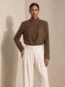 Vesra Women's Loose Fit Casual Shirt With Wrap-Around Stand Collar, Overlap Asymmetric Placket And Single Button, Long Sleeve - Coffee Brown - View 3