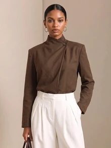 Vesra Women's Loose Fit Casual Shirt With Wrap-Around Stand Collar, Overlap Asymmetric Placket And Single Button, Long Sleeve - Coffee Brown - View 5