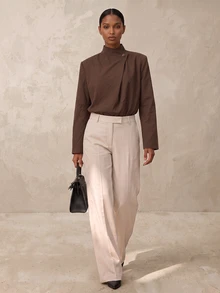 Vesra Women's Loose Fit Casual Shirt With Wrap-Around Stand Collar, Overlap Asymmetric Placket And Single Button, Long Sleeve - Coffee Brown - View 7