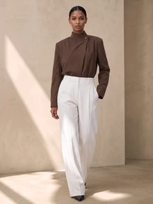 Vesra Women's Loose Fit Casual Shirt With Wrap-Around Stand Collar, Overlap Asymmetric Placket And Single Button, Long Sleeve - Coffee Brown - View 6