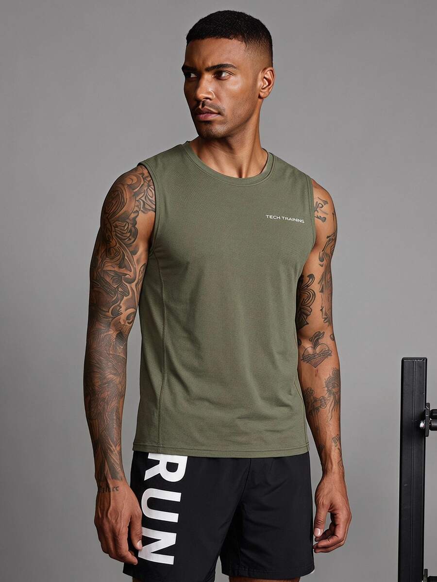 Coreblaze Boyfriend Style Men's Casual Letter Print Round Neck Sports Top Back To School - Army Green - View 1