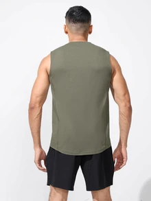 Coreblaze Boyfriend Style Men's Casual Letter Print Round Neck Sports Top Back To School - Army Green - View 2