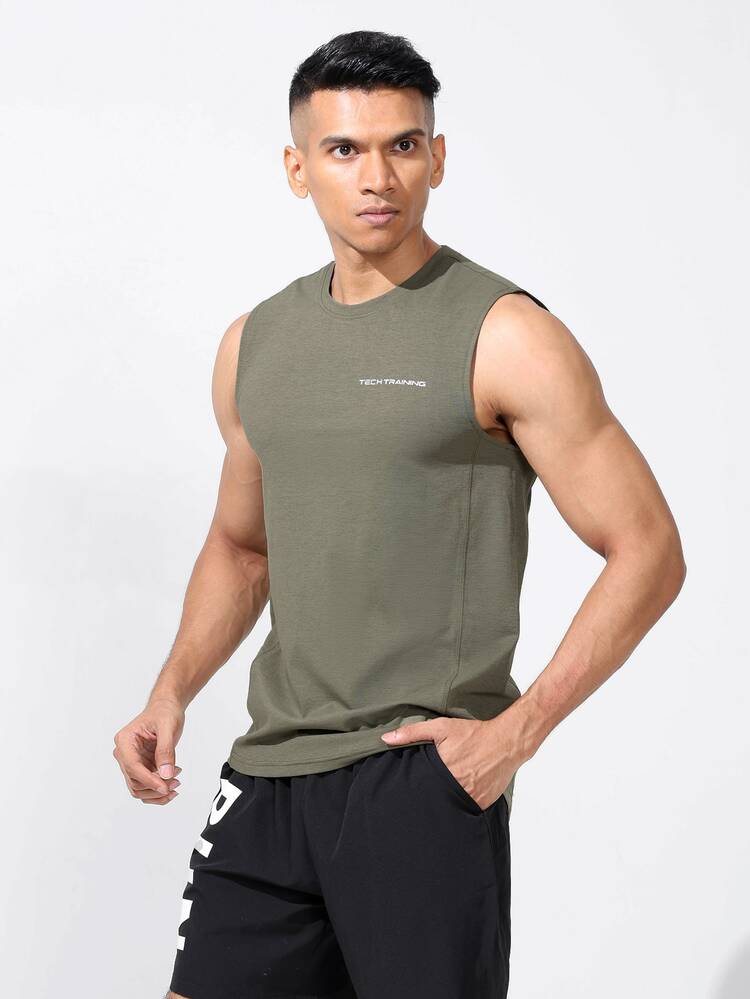 Coreblaze Boyfriend Style Men's Casual Letter Print Round Neck Sports Top Back To School - Army Green - View 8