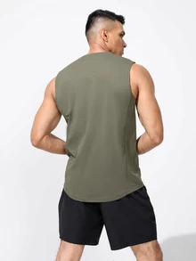 Coreblaze Boyfriend Style Men's Casual Letter Print Round Neck Sports Top Back To School - Army Green - View 4