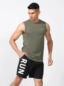 Coreblaze Boyfriend Style Men's Casual Letter Print Round Neck Sports Top Back To School - Army Green - View 3