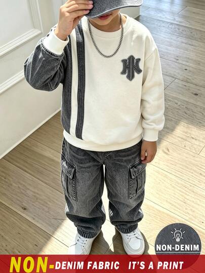 2pcs/Set Young Boy Crew Neck Long Sleeve Sweatshirt & Fashionable Cargo Pants Outfit, Minimalist Color-Block Pattern Design Autumn Set, Suitable For 5-15°C, Holiday Party, Casual Wear, Comfortable And Easy To Wear For Spring, Autumn And Winter, First Choice For Baby Boys