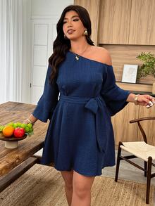 Weeklong Plus Size Blue Asymmetrical Shoulder Ruffle Sleeve A-Line Casual Dress Fall/Winter - Navy Blue - View 4