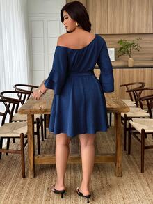 Weeklong Plus Size Blue Asymmetrical Shoulder Ruffle Sleeve A-Line Casual Dress Fall/Winter - Navy Blue - View 2