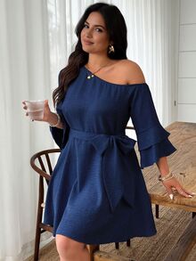 Weeklong Plus Size Blue Asymmetrical Shoulder Ruffle Sleeve A-Line Casual Dress Fall/Winter - Navy Blue - View 1
