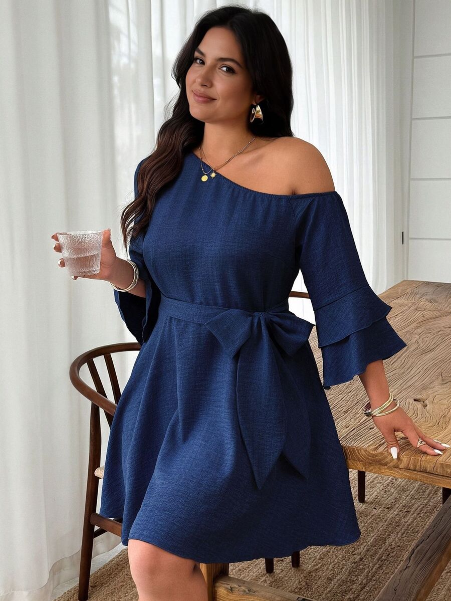 Weeklong Plus Size Blue Asymmetrical Shoulder Ruffle Sleeve A-Line Casual Dress Fall/Winter - Navy Blue - View 1
