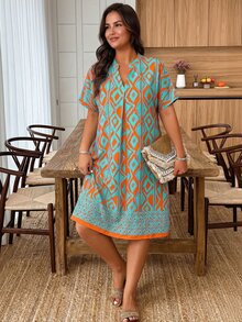 Weeklong Plus Size Summer Dress, Light Blue Geometric Print Linen-Blend, Notch Neck Short Sleeve Loose Tunic, Bohemian Boho Beach Vacation Going Out - Multicolor - View 1