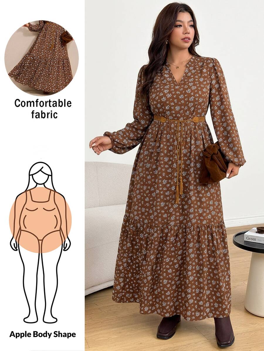 Shapeblank 大码女式碎花V领灯笼袖休闲连衣裙 - 咖啡棕 - 查看 1