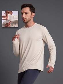 Coreblaze Men's Solid Color Crew Neck Long Sleeve Casual Fitness Sports T-Shirt - Apricot - View 1
