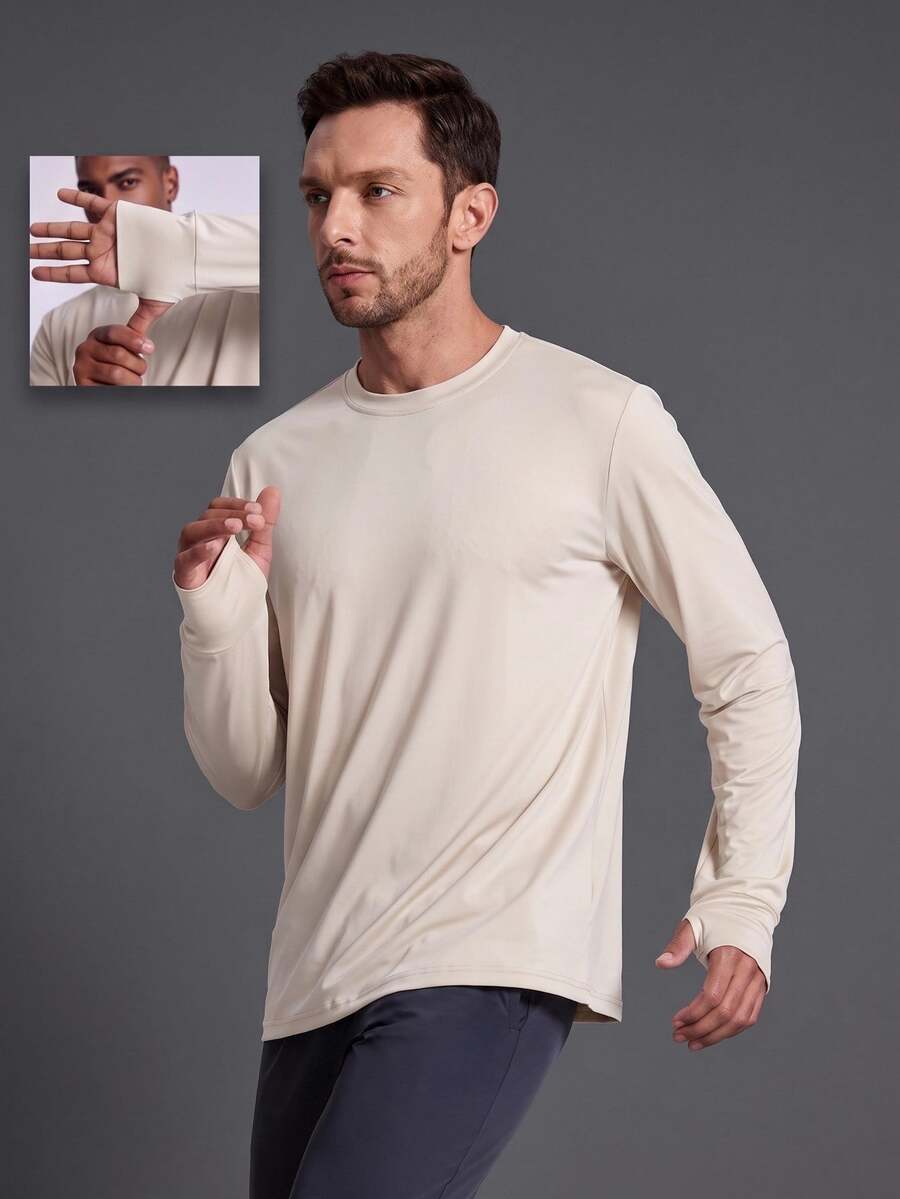 Coreblaze Men's Solid Color Crew Neck Long Sleeve Casual Fitness Sports T-Shirt - Apricot - View 1